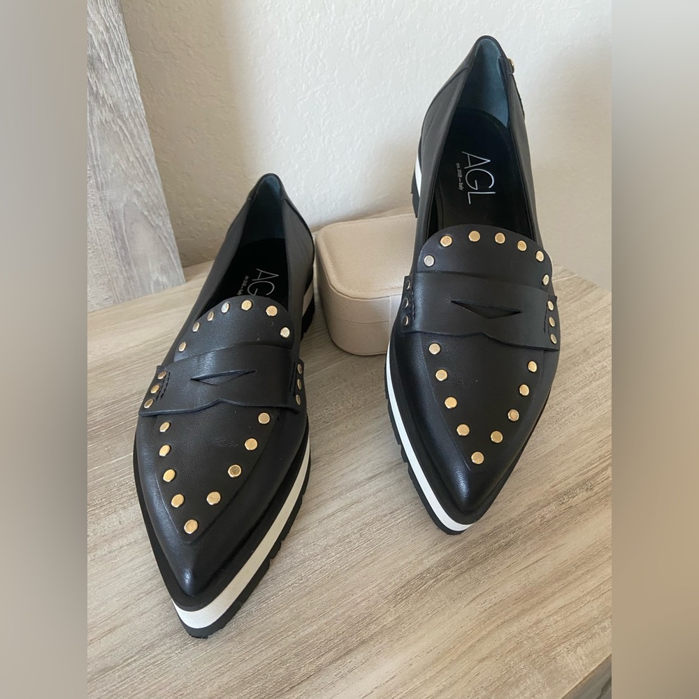 AGL Macro Moc Platform Pointed Toe Leather Penny Loafer Size 38